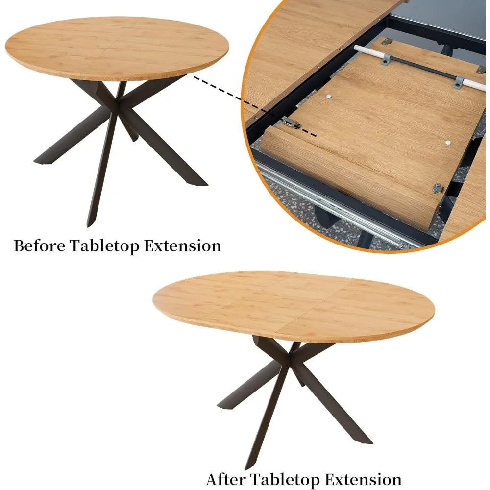 43.2"-59.1" Extendable Round Dining Table Set, Wooden Round Table for 4-6 Person, Oak Coffee Table w/Scratch-Resistant Tabletop