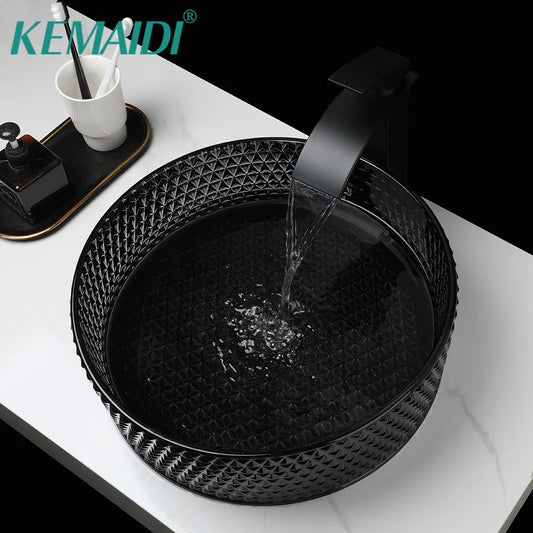 KEMAIDI Black Crystal Bathroom Vessel Sink with Faucet Tempered Glass Sink Above Counter Round Bathroom Sink Bowl Art Basin