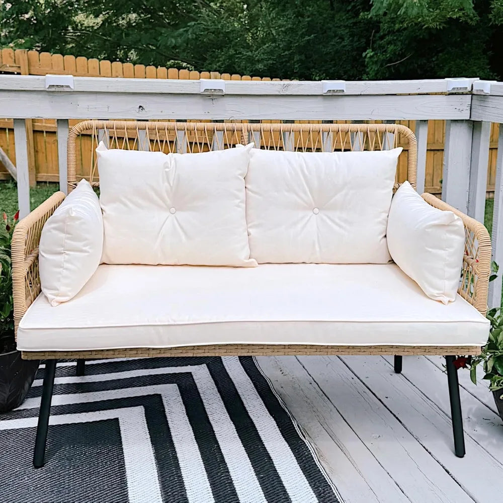 "Outdoor Loveseat with Cushion and Adjustable Feet, Wicker Patio Furniture Set for Garden, Balcony, and Porch, Beige"
