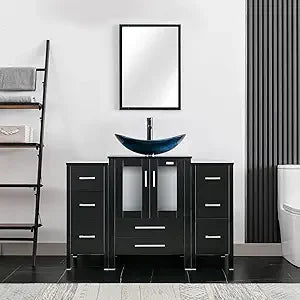 48" Modern Bathroom Vanity Sink Combo Black W/Small Side Cabinets Clear Boat Glass Vessel Sink & Water Save Faucet & Pop Up Dra