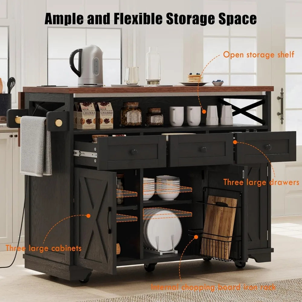 Farmhouse Kitchen Island with Beaded Drape, Rolling Kitchen Storage Cart on Wheels with Drop Leaf and Power Outlet, 3 Doors, 3 D
