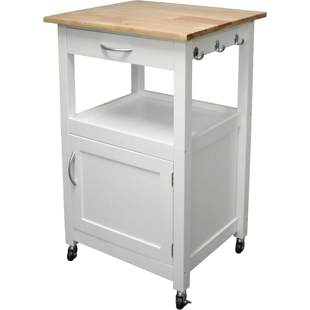 Kitchen Island Cart on Wheels with Drawer, Storage Cabinet, Shelf and Natural Solid Hardwood Top,