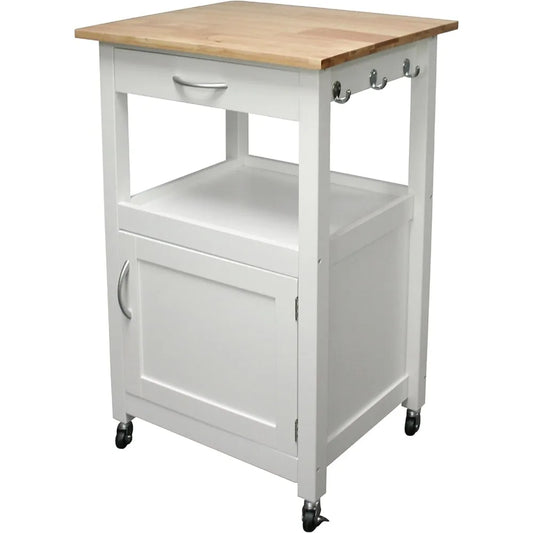 Kitchen Island Cart on Wheels with Drawer, Storage Cabinet, Shelf and Natural Solid Hardwood Top,