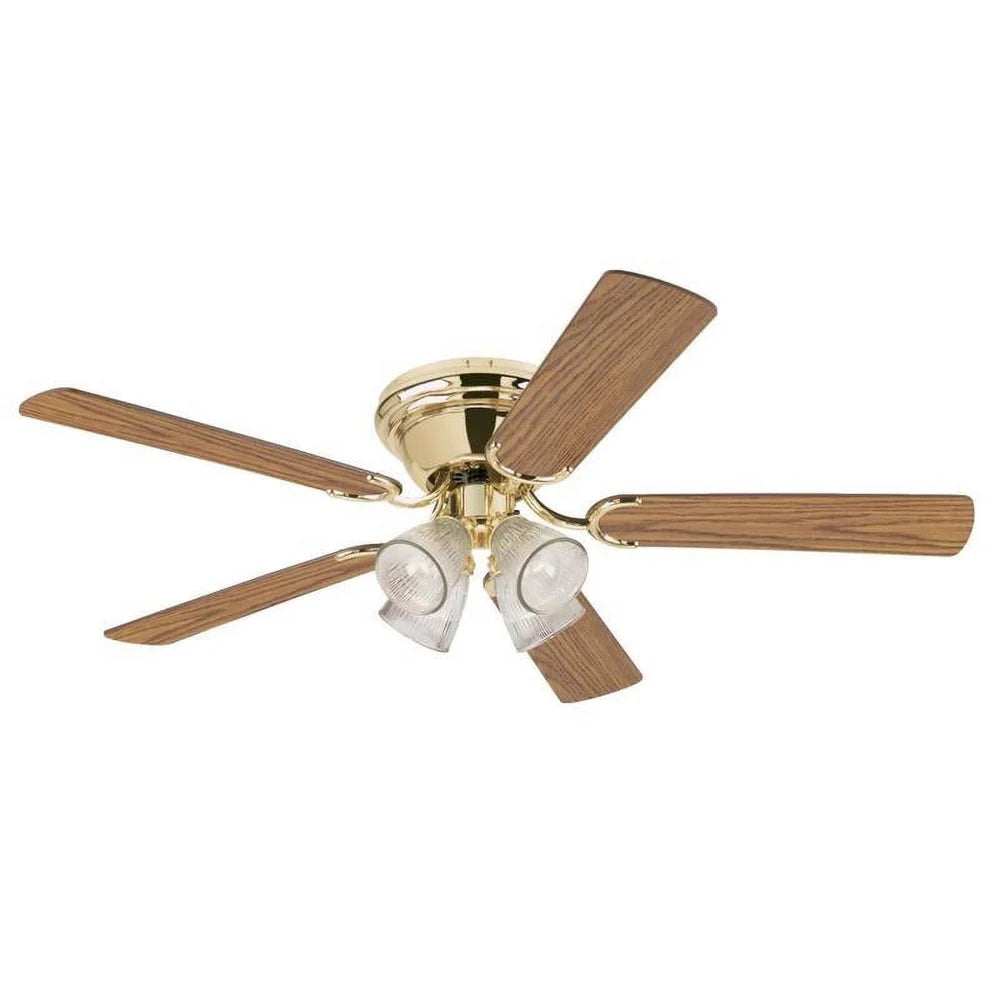 Indoor Ceiling Fan 52 Inch Polished Brass Light Fixture with LED Bulbs Clear Ribbed Glass Shades Energy Efficient Airflow Home