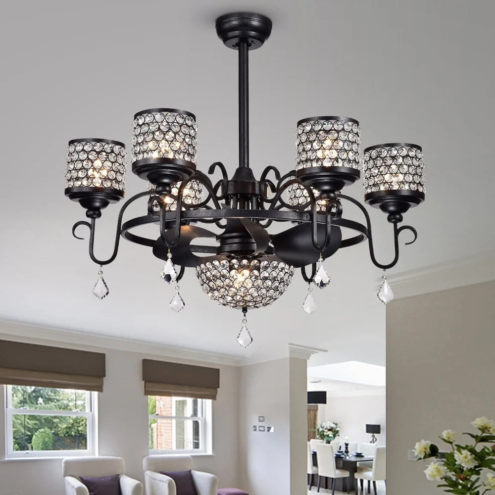 35 Inch Black Crystal Fandelier Ceiling Fan Remote Control 7 Light Chandelier Modern Iron Design Efficient Air Circulation