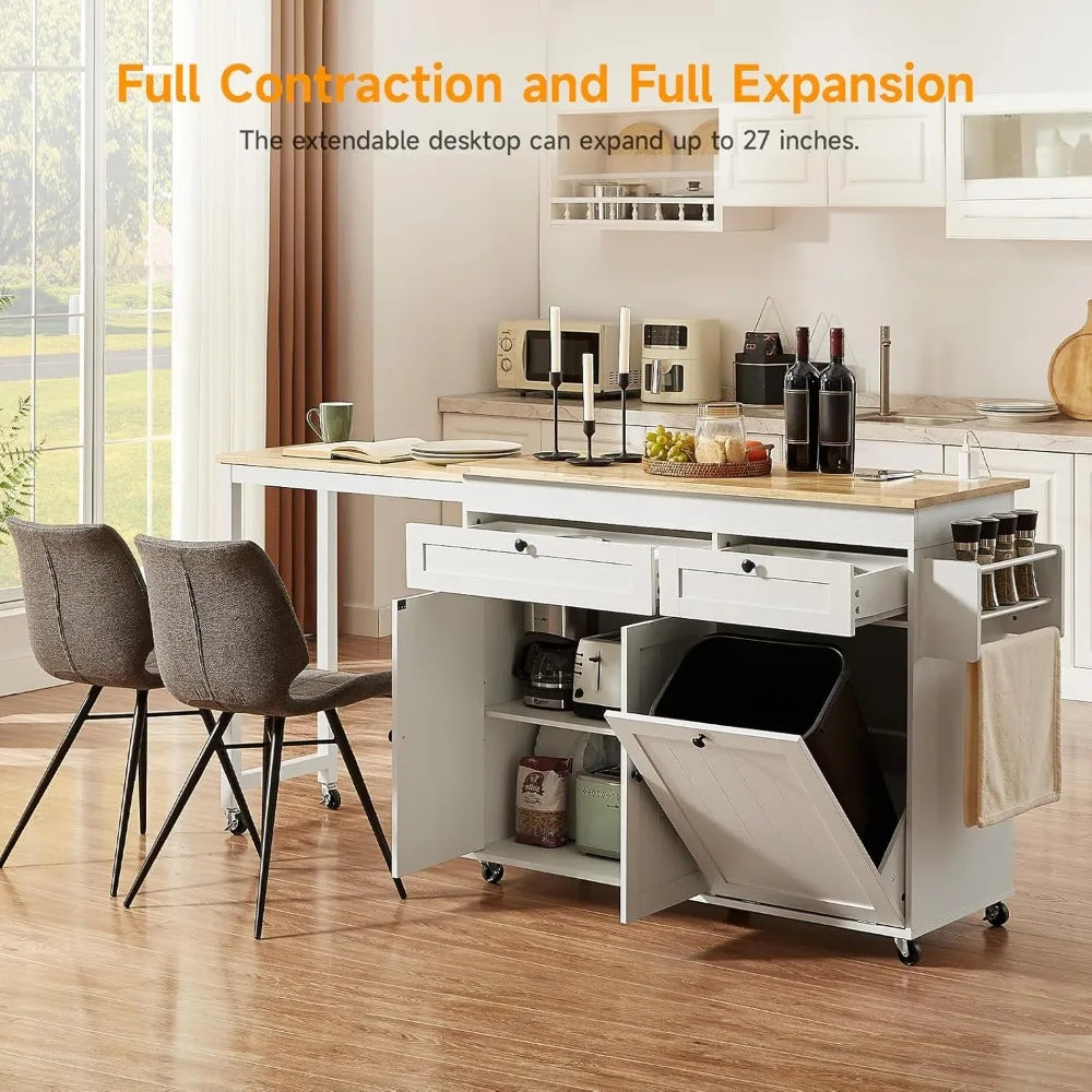 Kitchen Islands with Extendable Dining Table, 81.7" Mobile Kitchen Storage Islands, Rolling Kitchen Cart with Trash Cabinet, Pow