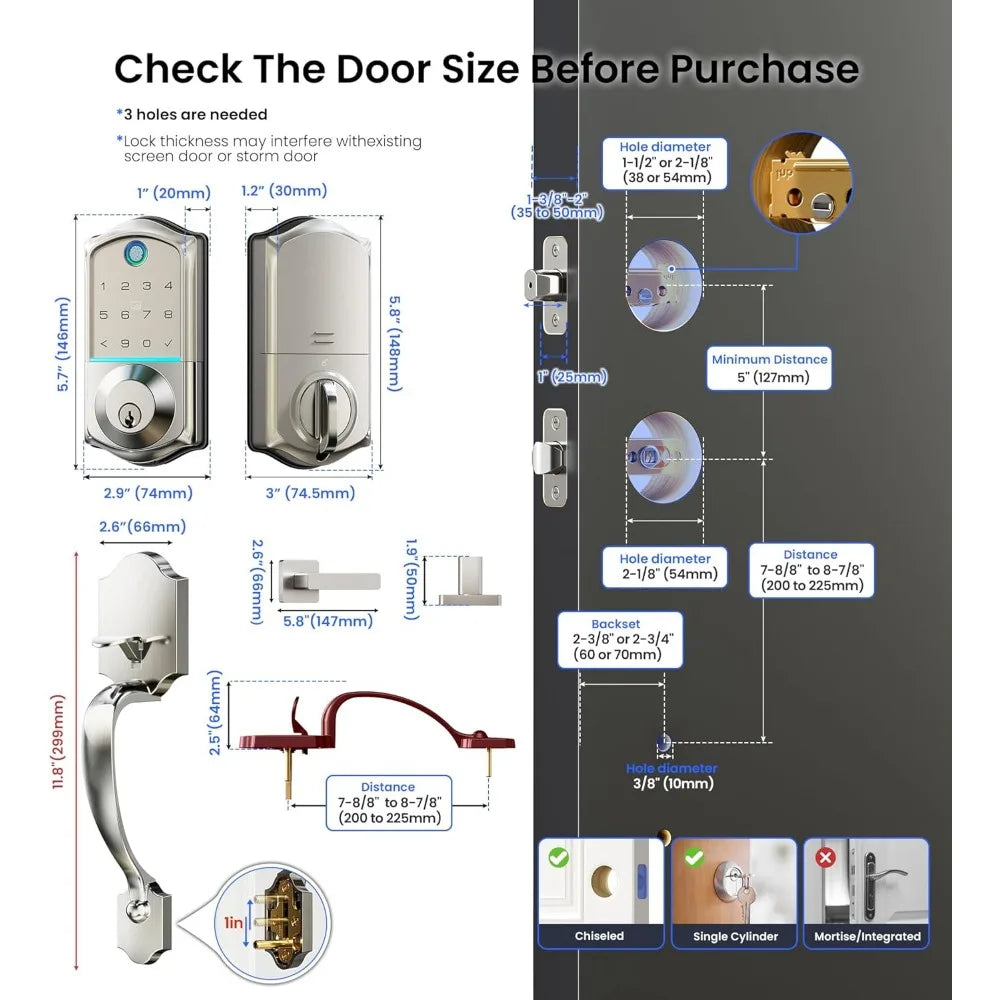 VE017-H Fingerprint Smart Front Door Lock Set, App Control, Keyless Entry Deadbolt with Handle, Smart Deadbolt, Emergency Power