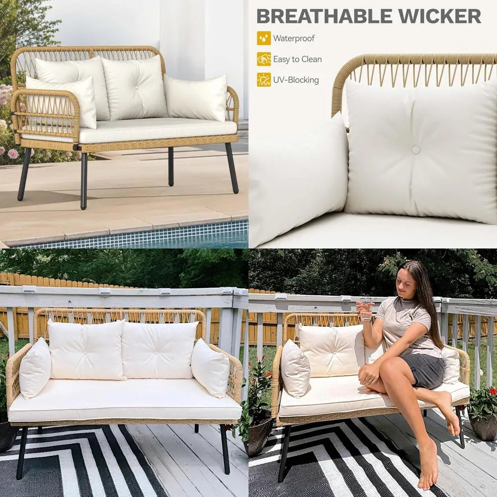 "Outdoor Loveseat with Cushion and Adjustable Feet, Wicker Patio Furniture Set for Garden, Balcony, and Porch, Beige"