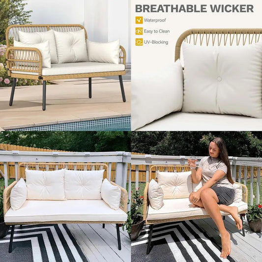"Outdoor Loveseat with Cushion and Adjustable Feet, Wicker Patio Furniture Set for Garden, Balcony, and Porch, Beige"