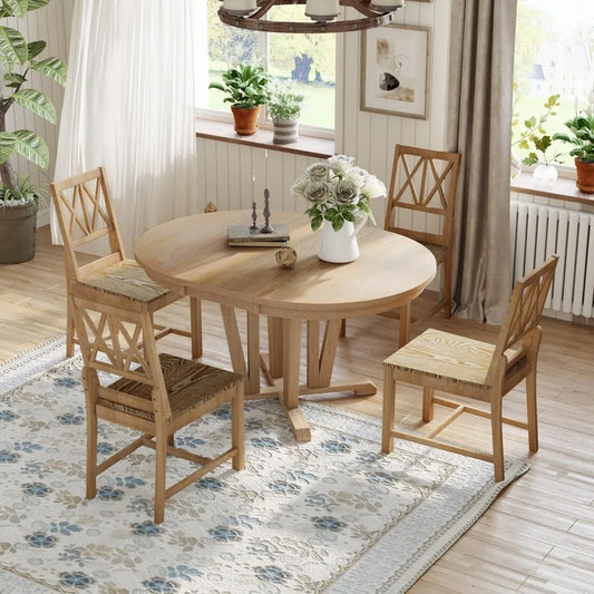 5-Piece Extendable Dining Table Set, Farmhouse Kitchen Table for 4 6-8 People with Removable Middle Leaf and 4 Cross Back Chairs