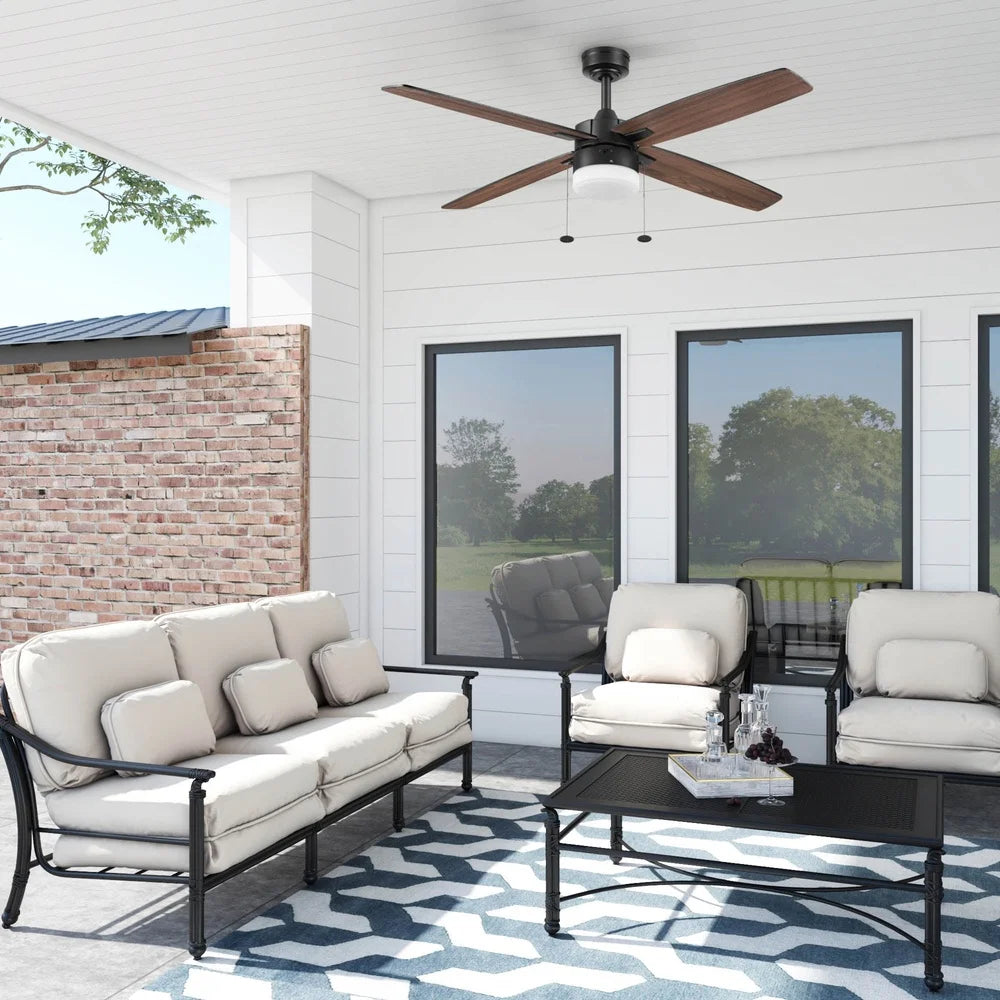 52 Inch Black Indoor Outdoor Ceiling Fan with Light Dimmable 3 Speed Reversible Blades Pull Chains Quiet Air Circulation