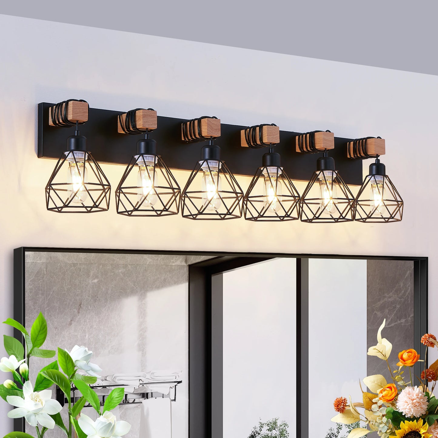 38" Modern Geometric 6-Light Vanity Light Fixture with Black Metal, Wooden Accents and Cage Lampshade