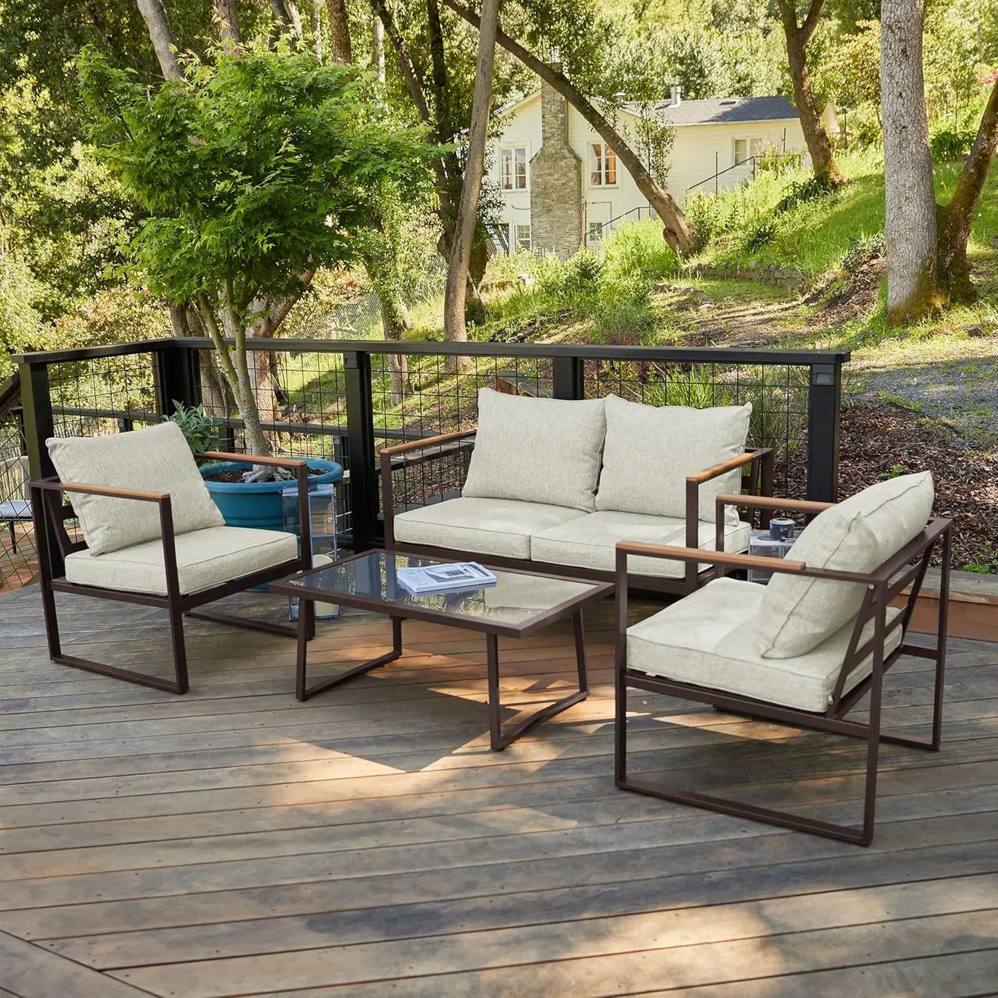 patio furniture set, 4-piece outdoor patio set with sofa, removable & washable deep seating cushion, tempered glass table, outs