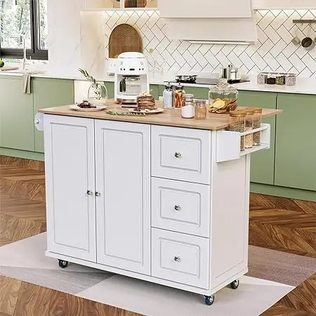 Rolling Kitchen Island on Wheels with Drop-Leaf, Mobile Kitchen Island Cart with 3 Drawers Storage Cabinet, Wood Countertop, Ad