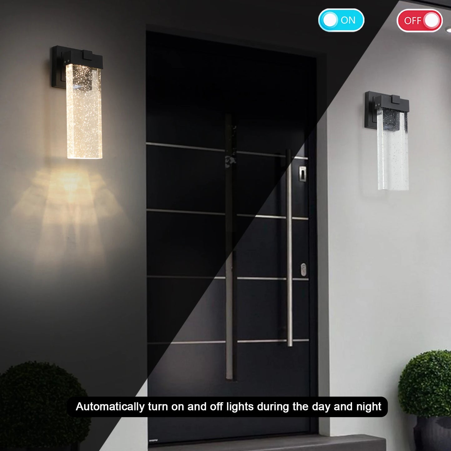 Modern outdoor wall light with light sensing, black LED wall light with bubble glass, waterproof external lighting (2 pack)