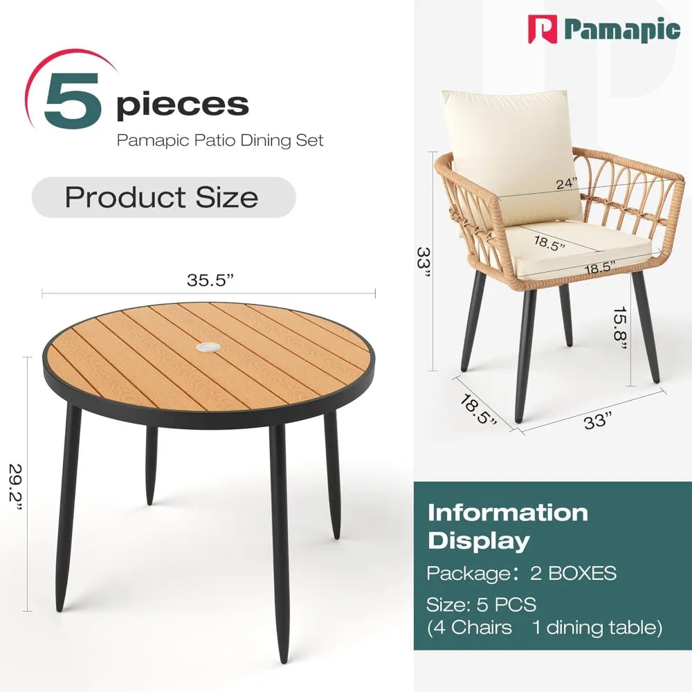 5 Pieces Patio Dining Set,All-Weather PE Rattan Patio Furniture Set with Wood Table Top, Outdoor Table and Chairs with Removabl