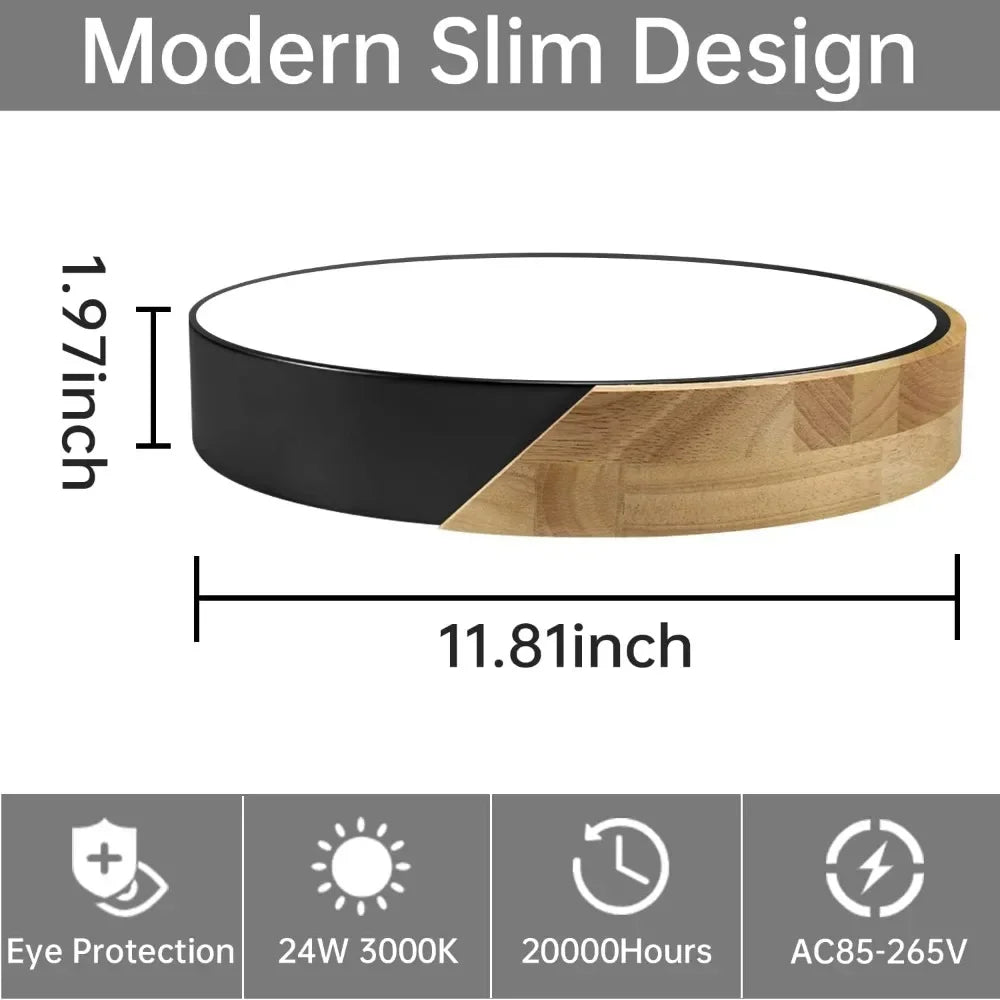 Led Ceiling Light Flush Mount 12 Inch/30cm 24W Bedroom Light Fixture with Round Wood Warm White 3000K Not Dimmable