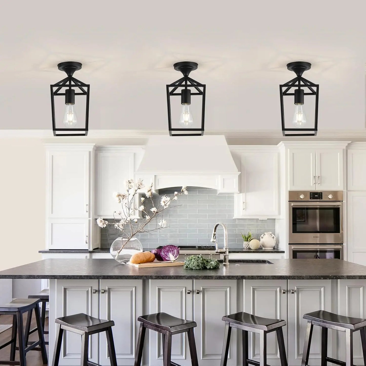 Black Industrial Ceiling Light - Farmhouse Metal Semi-Flush Fixture for Kitchen, Dining Room & Hallway (2-Pack)