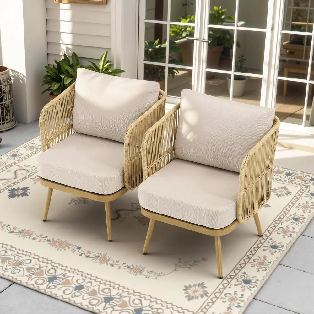 Outdoor Wicker Patio Chairs Set of 2, Rattan Barrel Chairs Patio Furniture Sets with 4“ Hight Desity Cushion