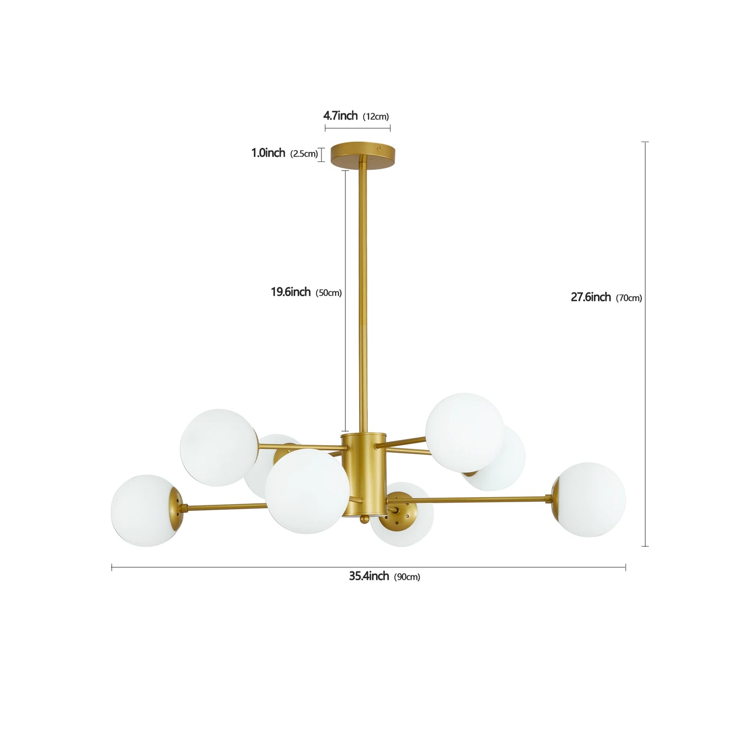 Modern 8-Light Gold Chandelier with White Glass Globe Shades, Elegant Ceiling Light Fixture (No Bulbs)