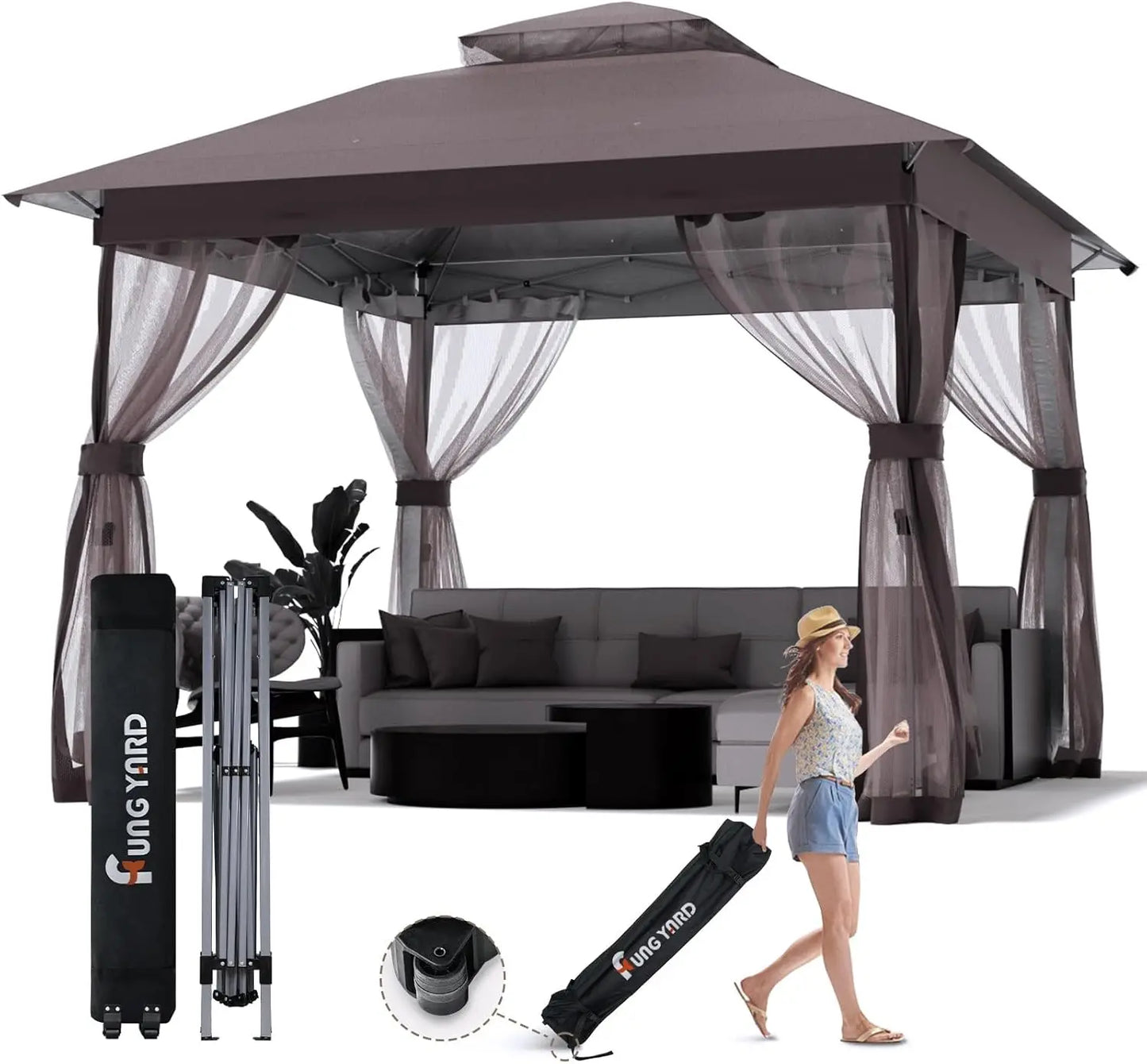 13x13 Outdoor Patio Gazebo with Mosquito Nettings - Double Roof Pop Up Canopy Tent with Wheeled Carry Bag, UV resistant Pergola