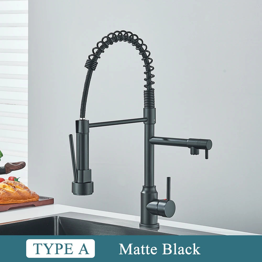 Chrome Brass Kitchen Sink Faucet Pull Down Hot and Cold Water Mixer2 Mode Tap with Dual Spout 360 Rotation Flexible Deck Mounted