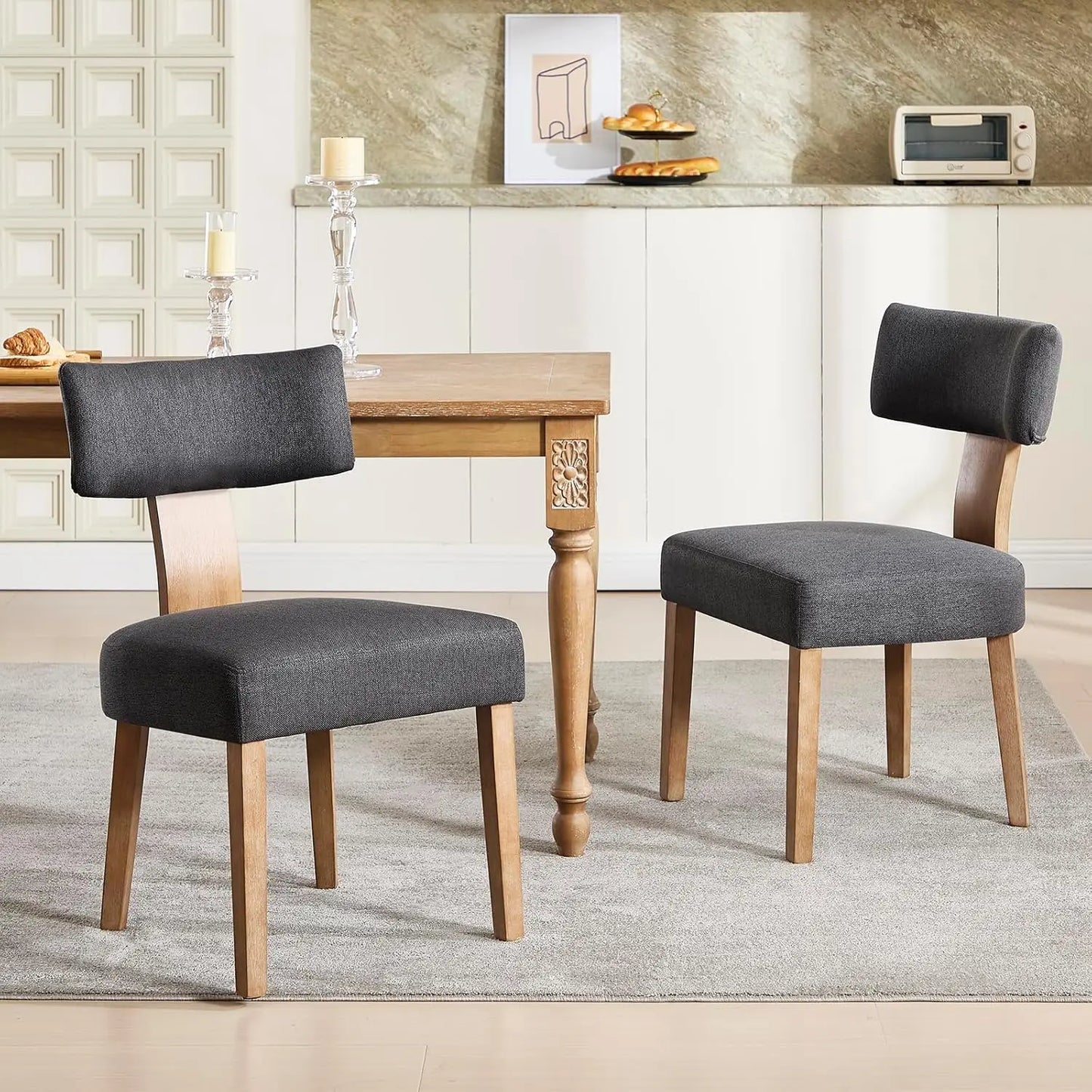 Modern Dining Chairs Set of 6, Farmhouse Linen Fabric Dining Room Chairs Modern Wood Chair for Living Room, Grey