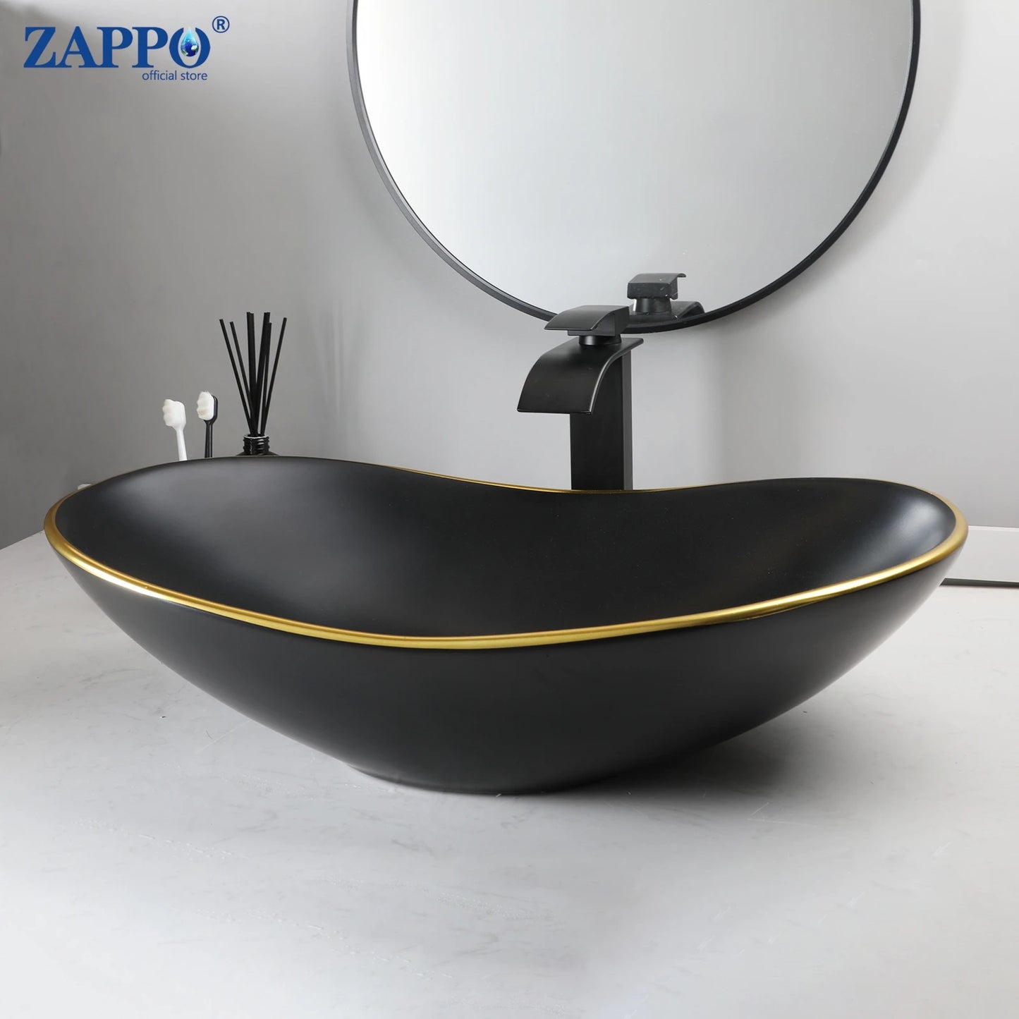 ZAPPO Matte Black Bathroom Sink Oval Large Porcelain Vessel Sink with Faucet Drain Combo Above Counter Wash Basin Sink bowl