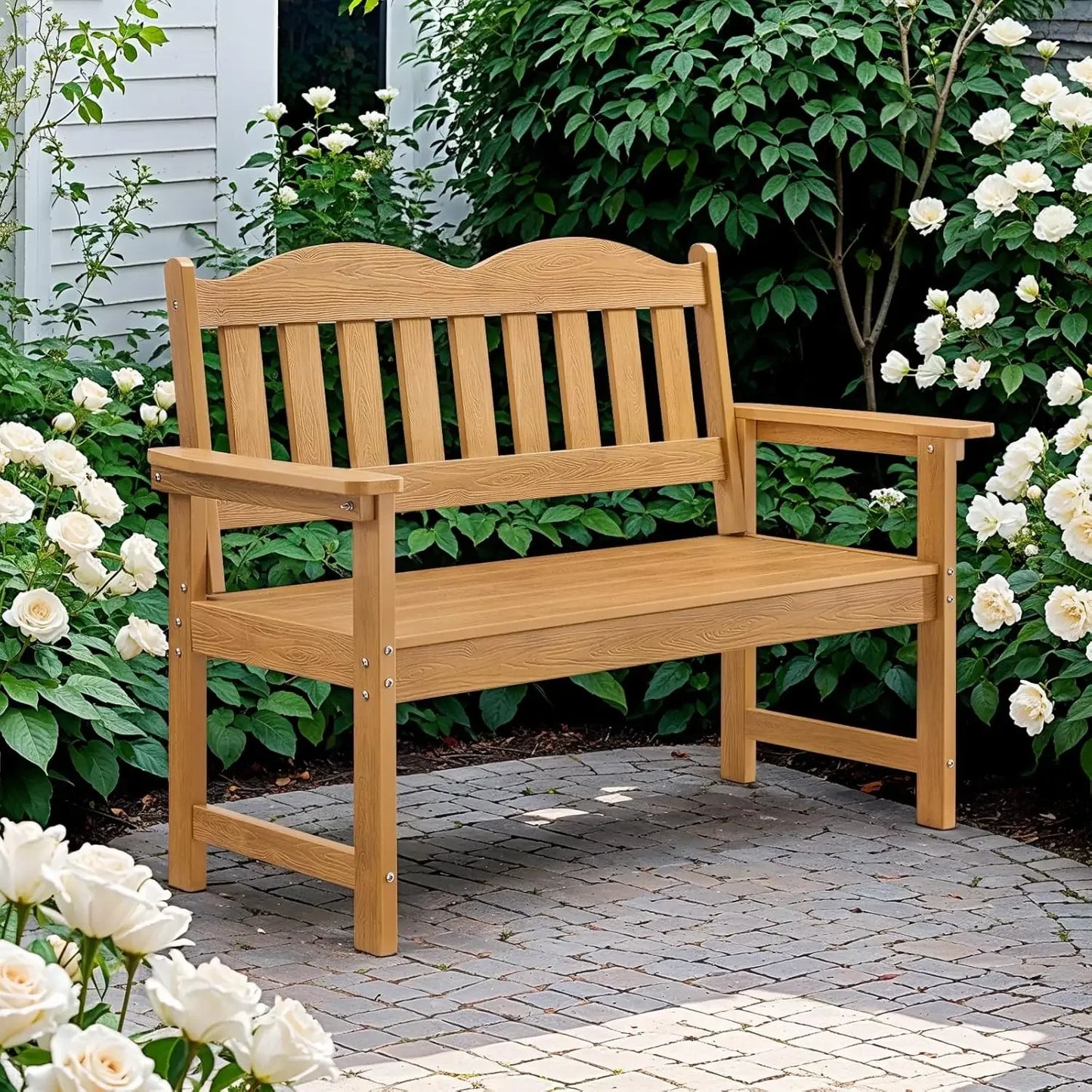 2-Person Poly Lumber Garden Bench with 800 lbs Weight Capacity, All-Weather Patio Bench with Armrestsand Backrest for Garden