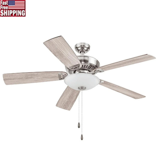 Ceiling Fan 52 Inch Brushed Nickel Five Blades Light Kit Pull Chains Reversible Airflow Quiet Motor Living Room