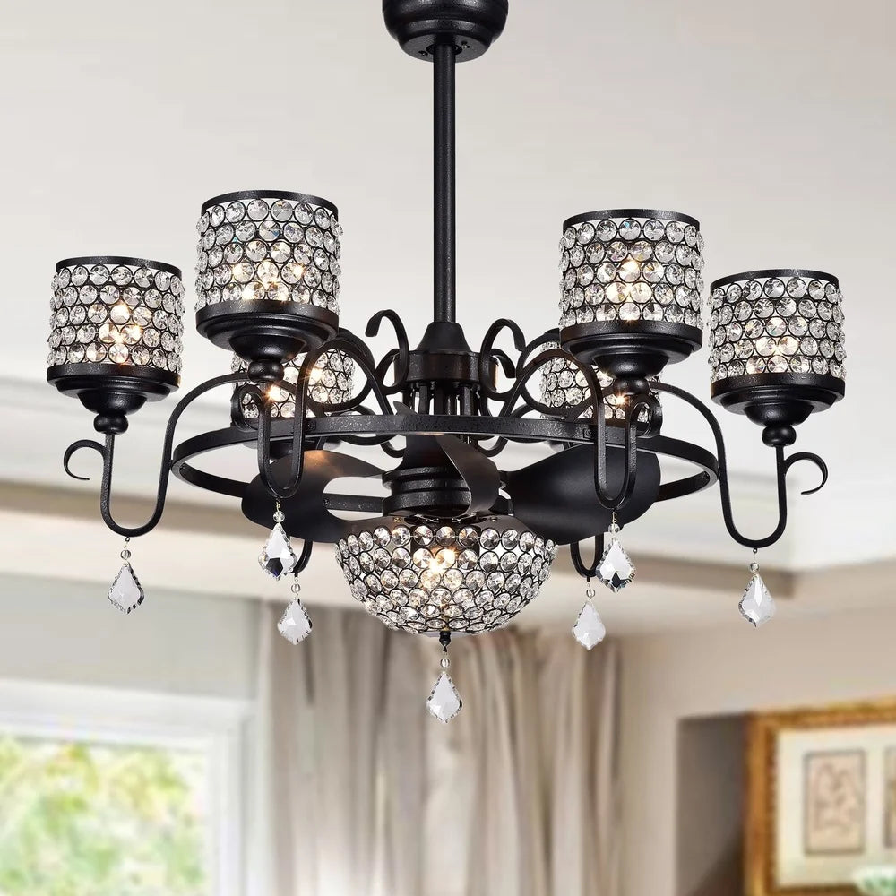 35 Inch Black Crystal Fandelier Ceiling Fan Remote Control 7 Light Chandelier Modern Iron Design Efficient Air Circulation