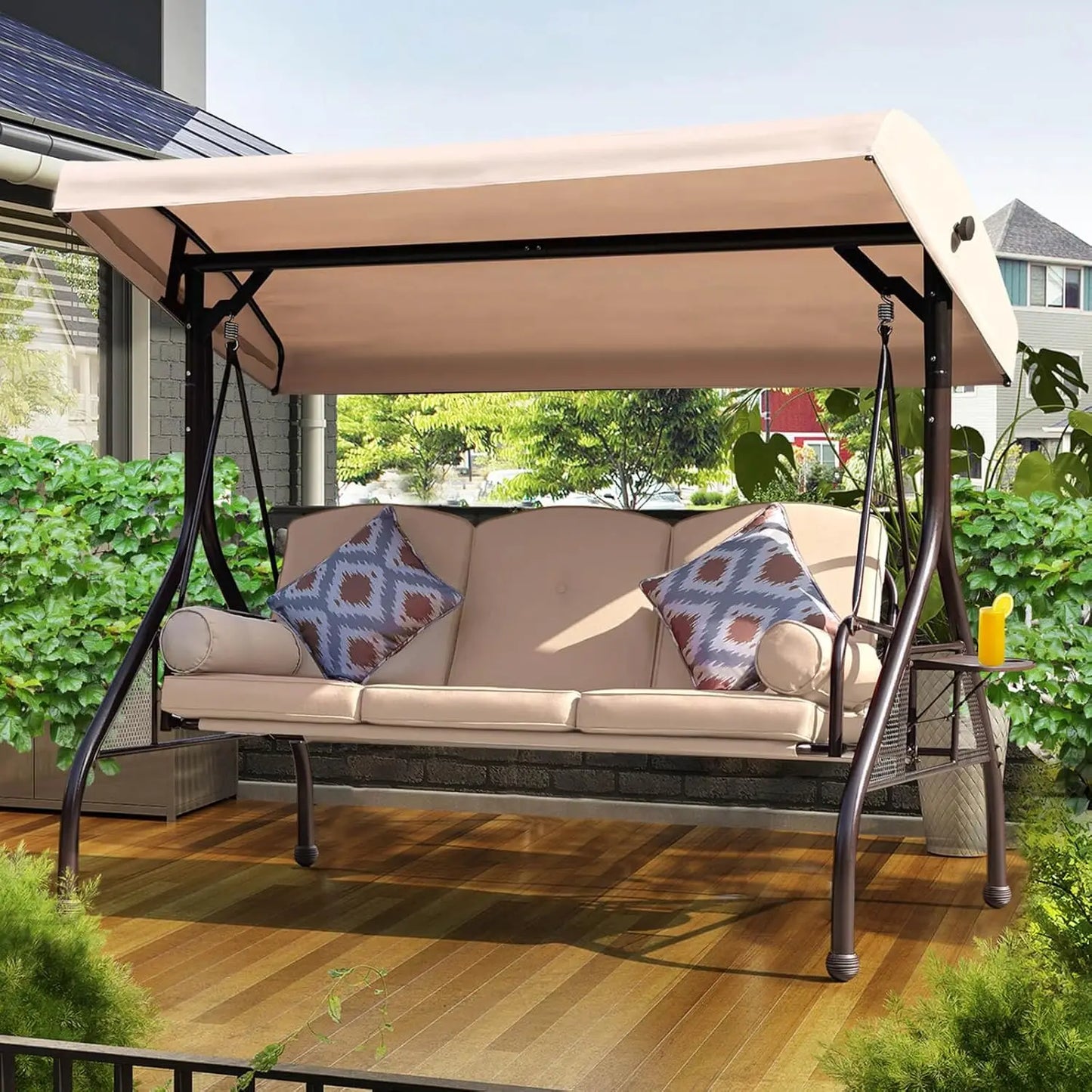 Patio Porch Swing, 3-Seat Outdoor Swing with Adjustable Canopy, Waterproof Fabric Cushion, Pillow and Foldable Side Tray for