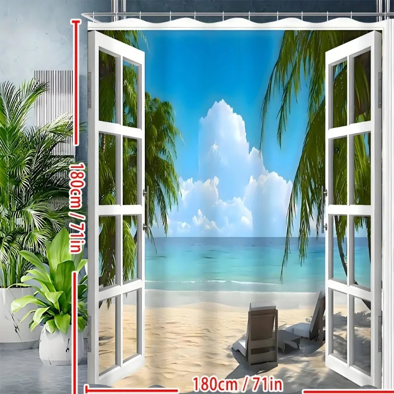Shower Curtain, Palm Tree Decor Ocean Beach Seascape Through White Wooden Windows