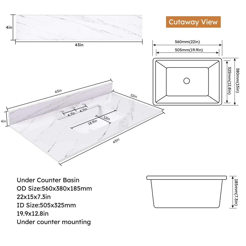 43 Inch Marble Vanity Top, White Vanity Top with 3 Pre-drilled Faucet Holes, Bathroom Vanity Top with Undermount Rectangular