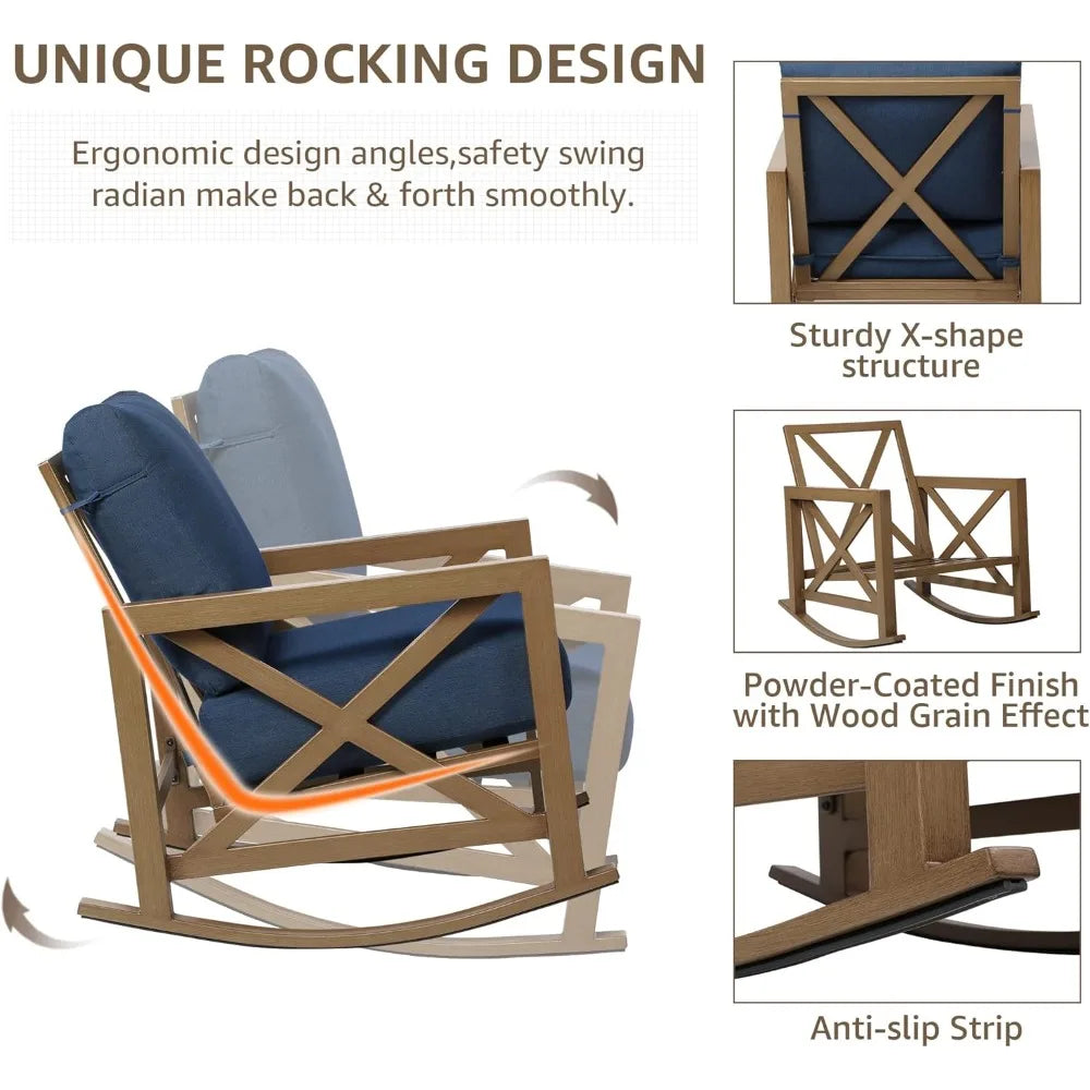 Rocking Bistro Set, 3 Piece Outdoor Patio Conversation Furniture Set with 2 Rockers and 1 Metal Coffee Table with Thick Cushions