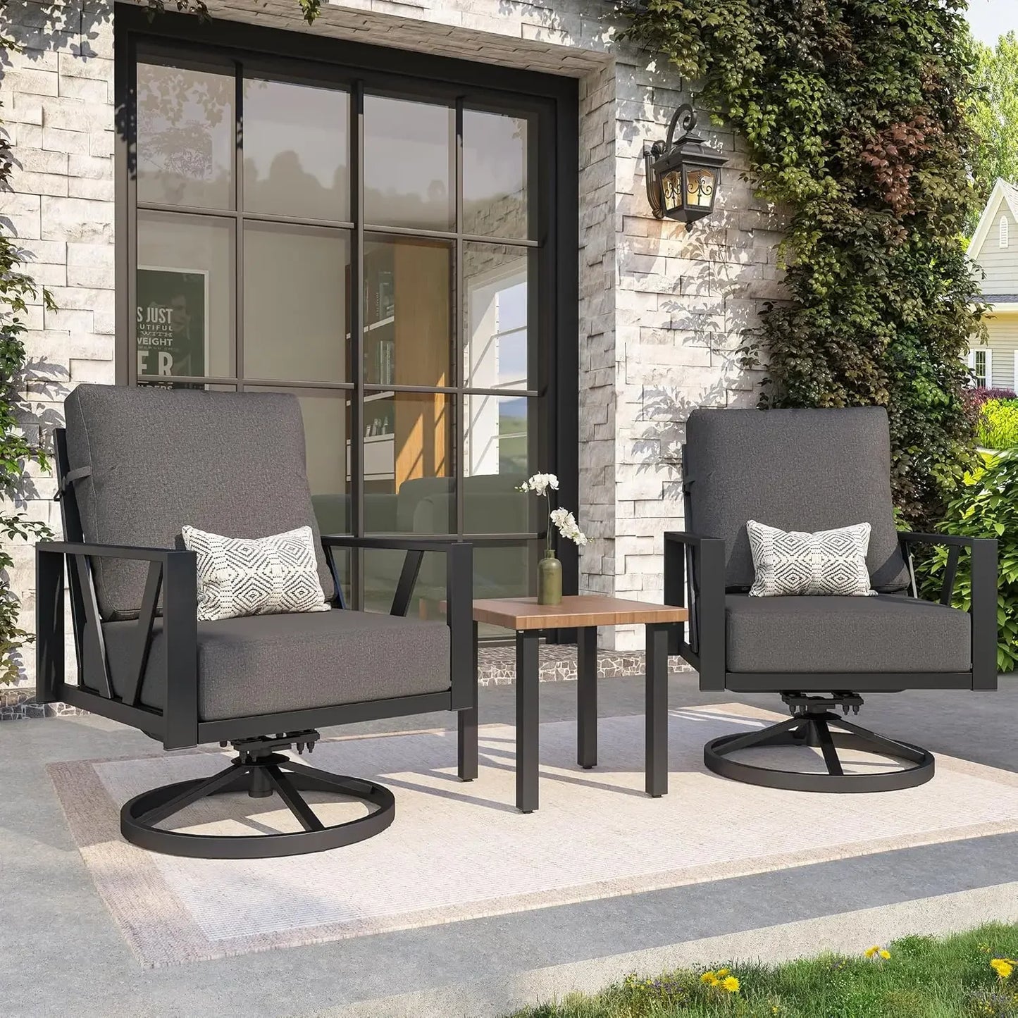 Outdoor Patio Swivel Rocking Chairs Set, 3 Pieces Outdoor Bistro Set with Coffee Table – for Balcony, Yard & Deck Use