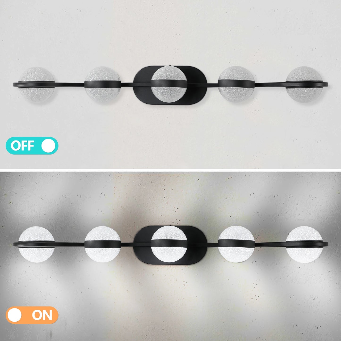 Modern Minimalist Bathroom Vanity Light, LED 5 Bulb Frosted Glass Shades, Wall Mounted Decorative Lighting Fixture (Black)