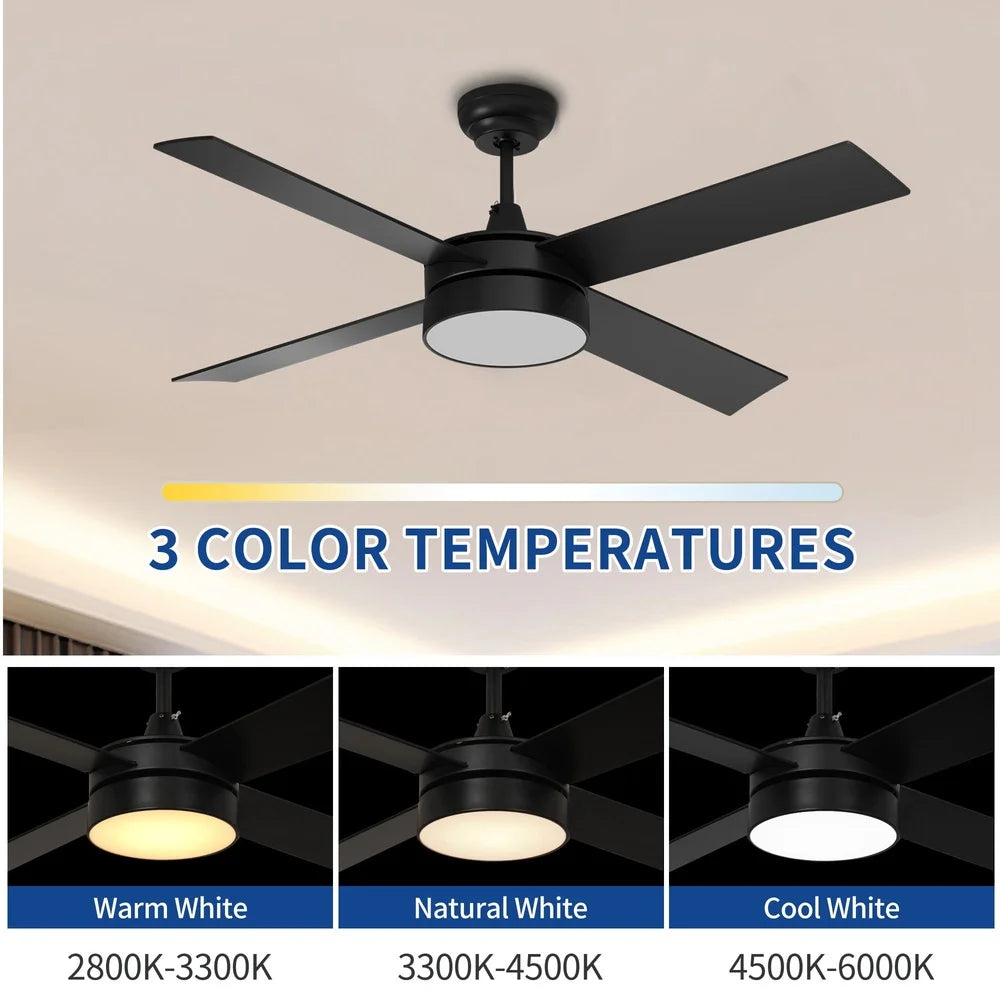 Dextrus 48" Black Ceiling Fan with Light Remote 4 Blades Memory Function & Night Light Mode