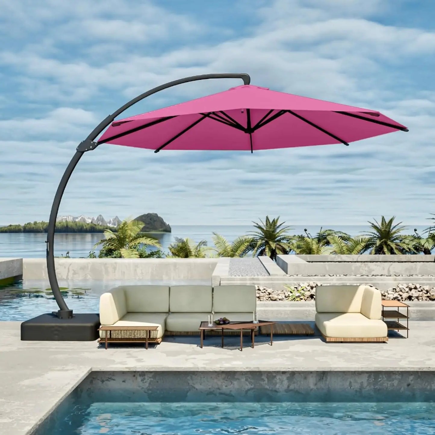 11FT Cantilever Umbrella with Base Large Curvy Outdoor Aluminum Offset Umbrella w/ 360° Rotation, UV Resistant Canopy for Patio
