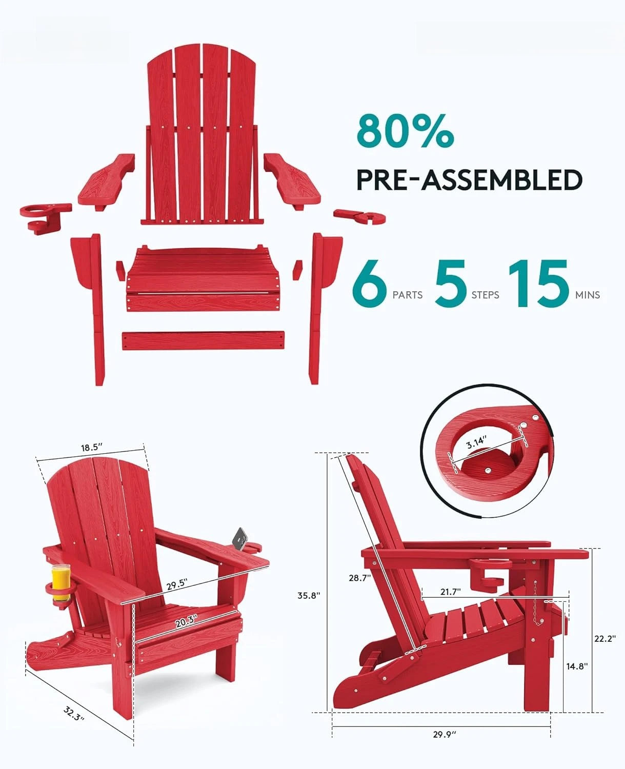 Adirondack Chair with Cup Holders - Composite Adirondack Chairs Set of 8 HDPE Outdoor Chairs All Weather Use- Light Red