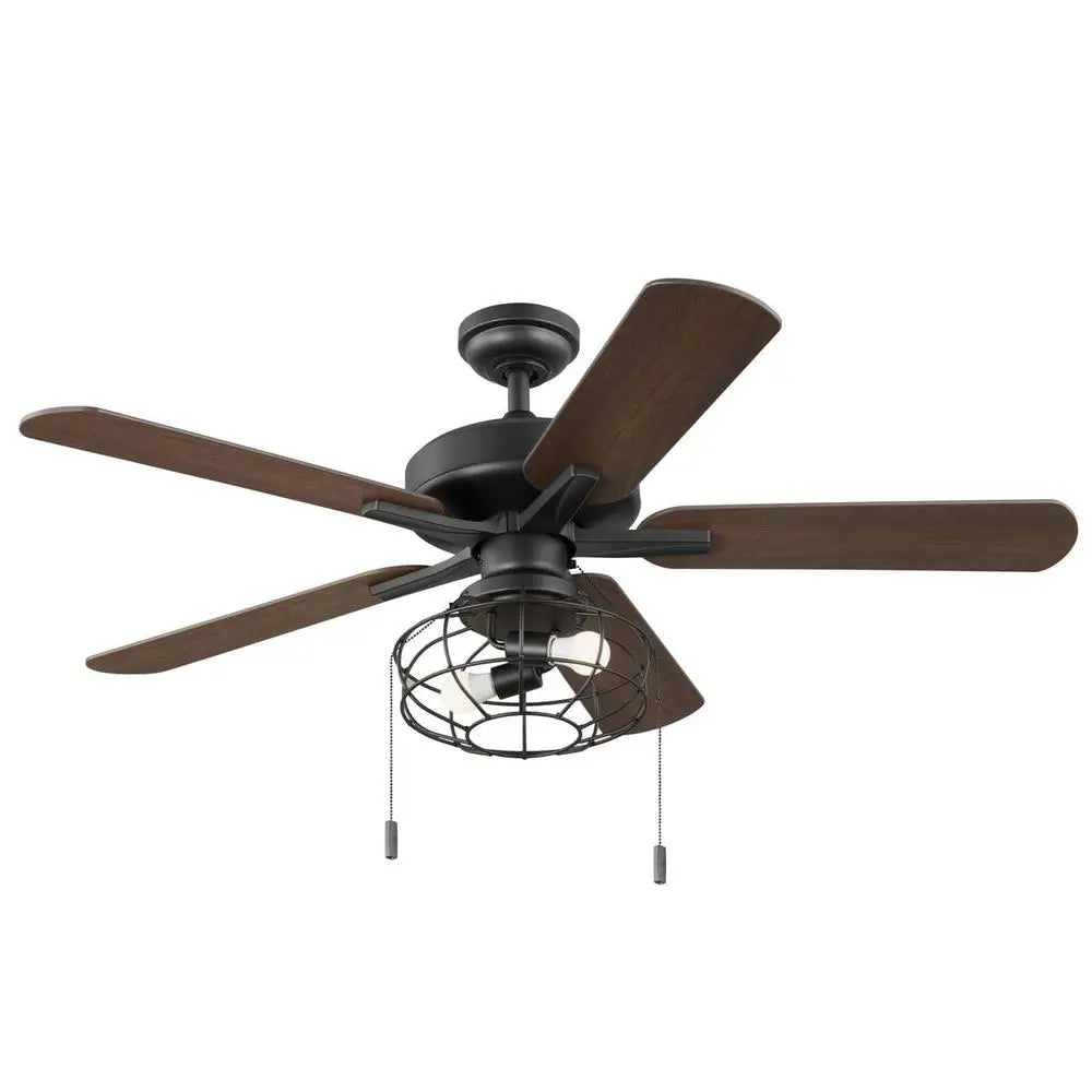 52inch Industrial Cage Ceiling Fan 5 Reversible Blades LED Bulbs Included Downrod Mount Indoor Spaces Adjustable Speed Quiet
