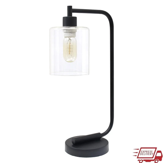 Industrial Iron Desk Lamp 16 Inch Black Clear Shade Edison Bulb Compatible ON OFF Switch Modern Home Decor Lighting