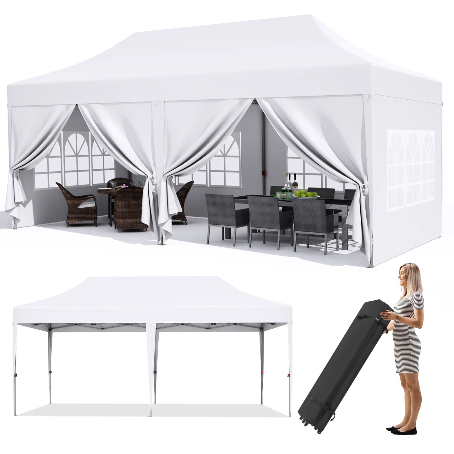 Pavilion Popup Gazebo 3x6m Waterproof Folding Gazebo Tent Party Tent with 4 Side Panels 6 Sandbag UV 50+ Height Adjustable 2-3M