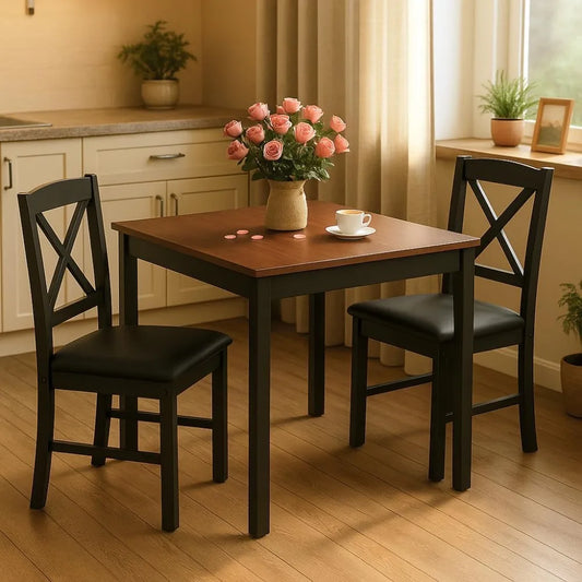 Mid-Century Modern Dining Table Set for 2, Wooden Kitchen Table & 2 Chairs with Padded Seats, 3-Piece Compact Dining Set for Sm