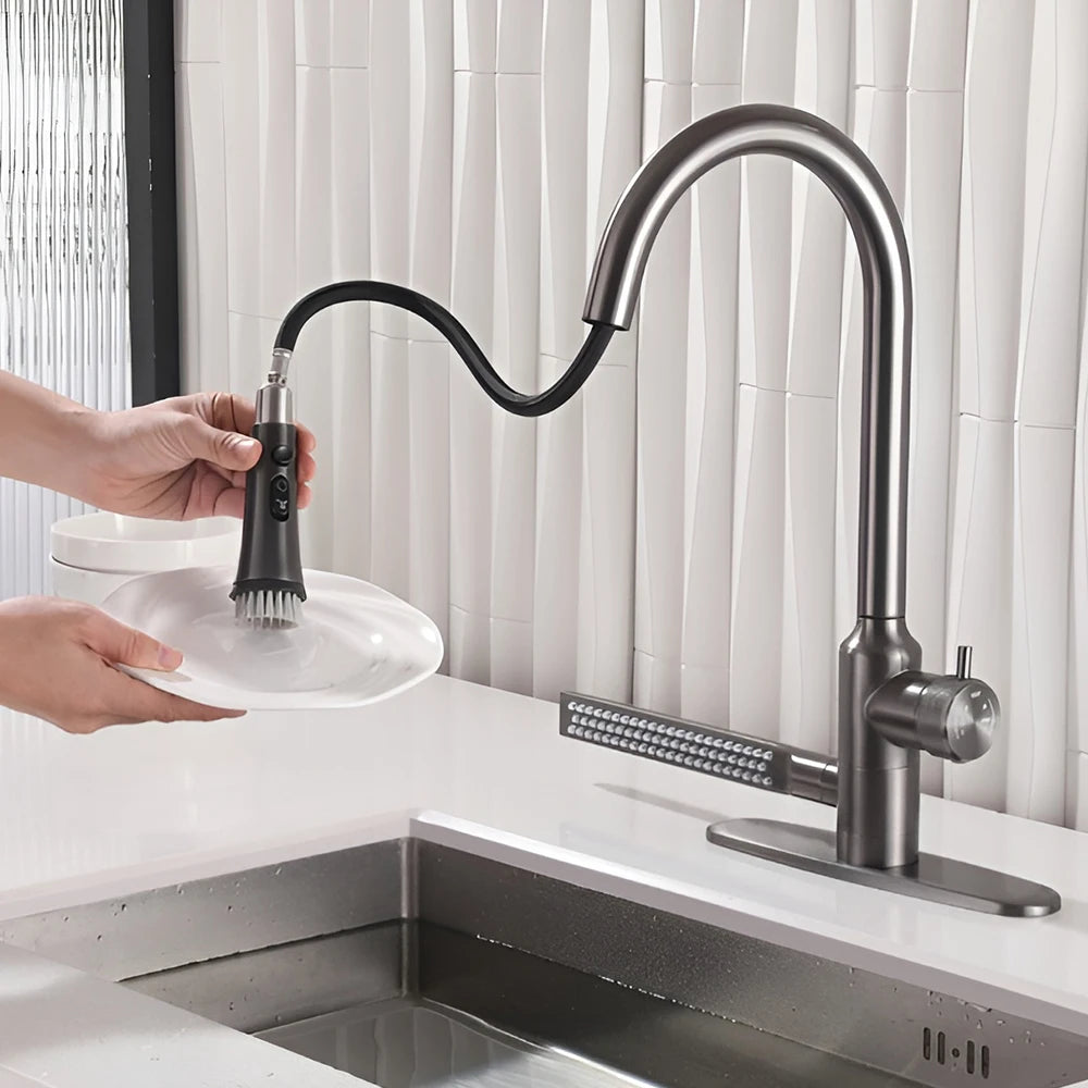 Modern Minimalist Black Kitchen Faucets Multifunctional Pull Out Tap Single Hole Handle Grey 360° Swivel Water Mixer Tap 0366