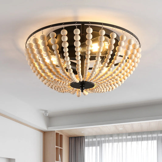 Boho Light Fixtures 3-Light Flush Mount Ceiling Light Wood Beads Ceiling Lights for Kitchen 15in Ceiling Mount Light