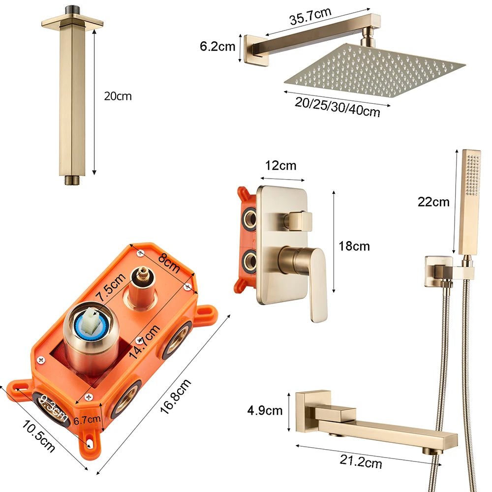 POIQIHY Brushed Golden Shower Faucets Wall Mount Concealed Shower Set Rainfall Bath Shower Mixers 2-3 ways Bathroom Mixer Tap