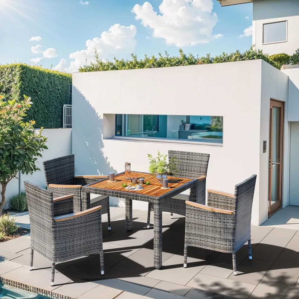 5 pieces patio dining set, wicker patio conversation set with wooden table top, outdoor table and chairs with soft cushions for