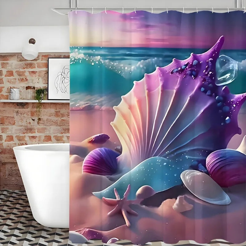 1PC Nautical Ocean Bathroom Set: Water-Resistant Curtain with Hooks, Effortless Style & Maintenance