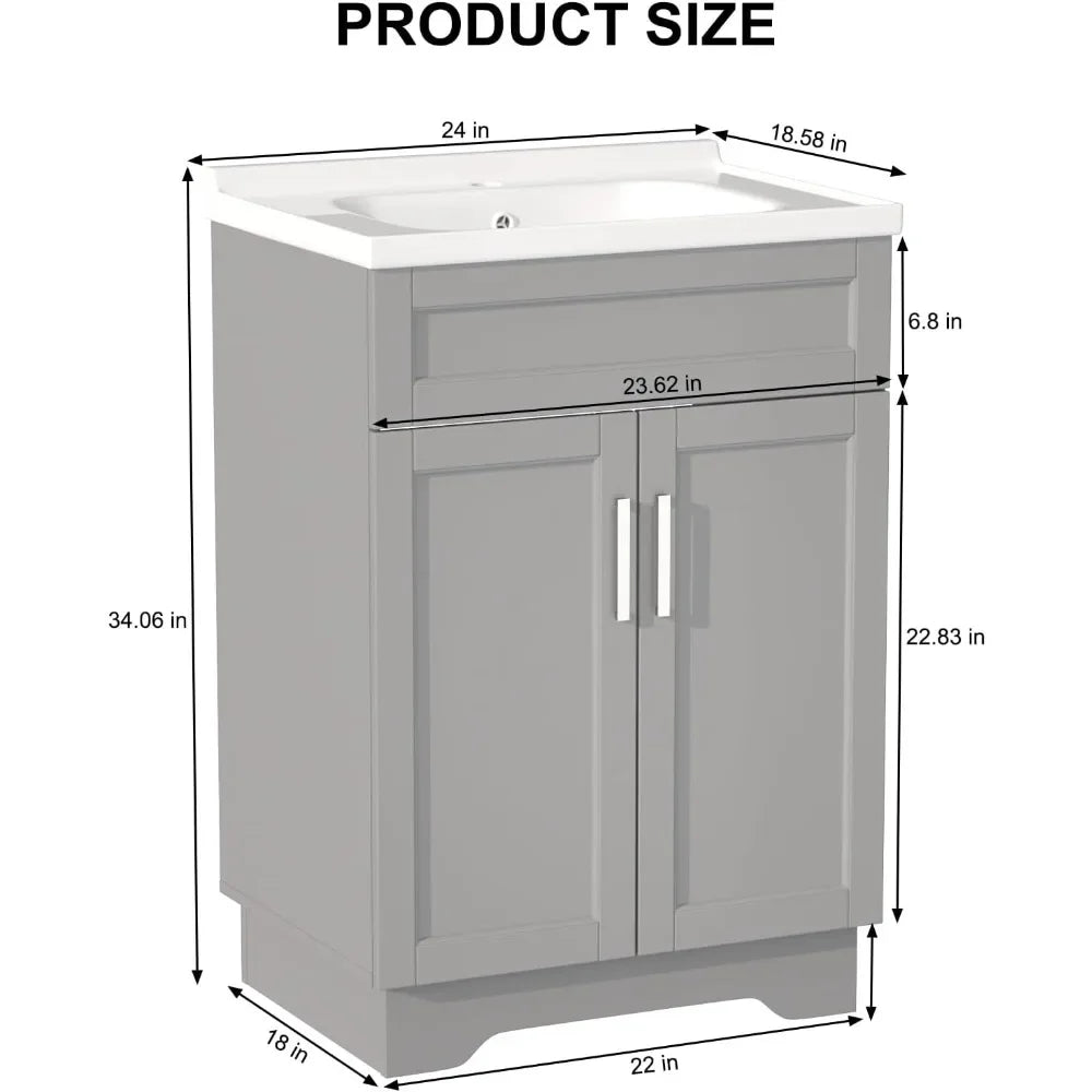 Bathroom Vanity with Ceramic Sink, Wooden Double Door Bathroom Storage Vanity with 24 Inch, Small Quick Assembly Bathroom